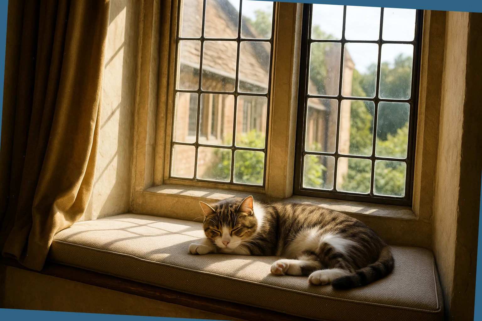 Calm cat resting by a sunny window during a home visit