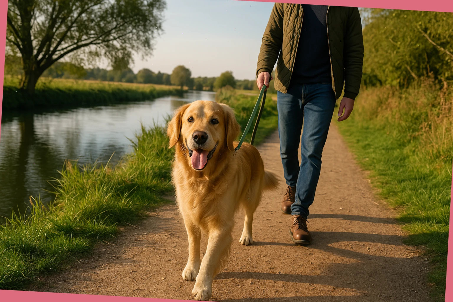 Dog and walker on a riverside path near Cambridge