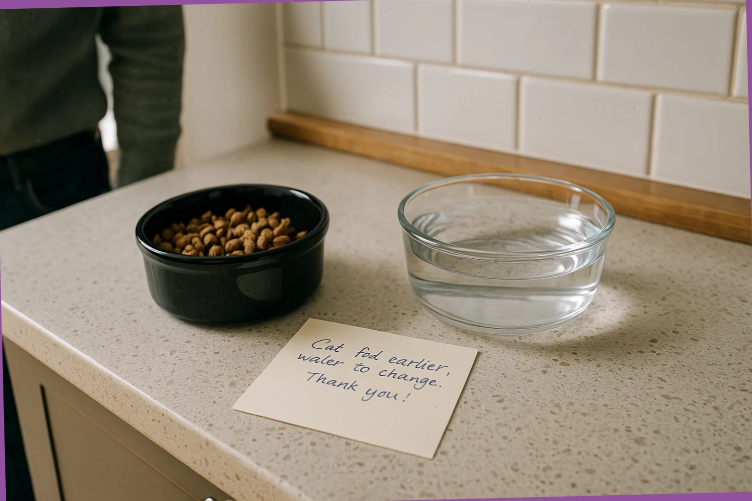 Cat dish, water bowl, and a tidy note on the counter