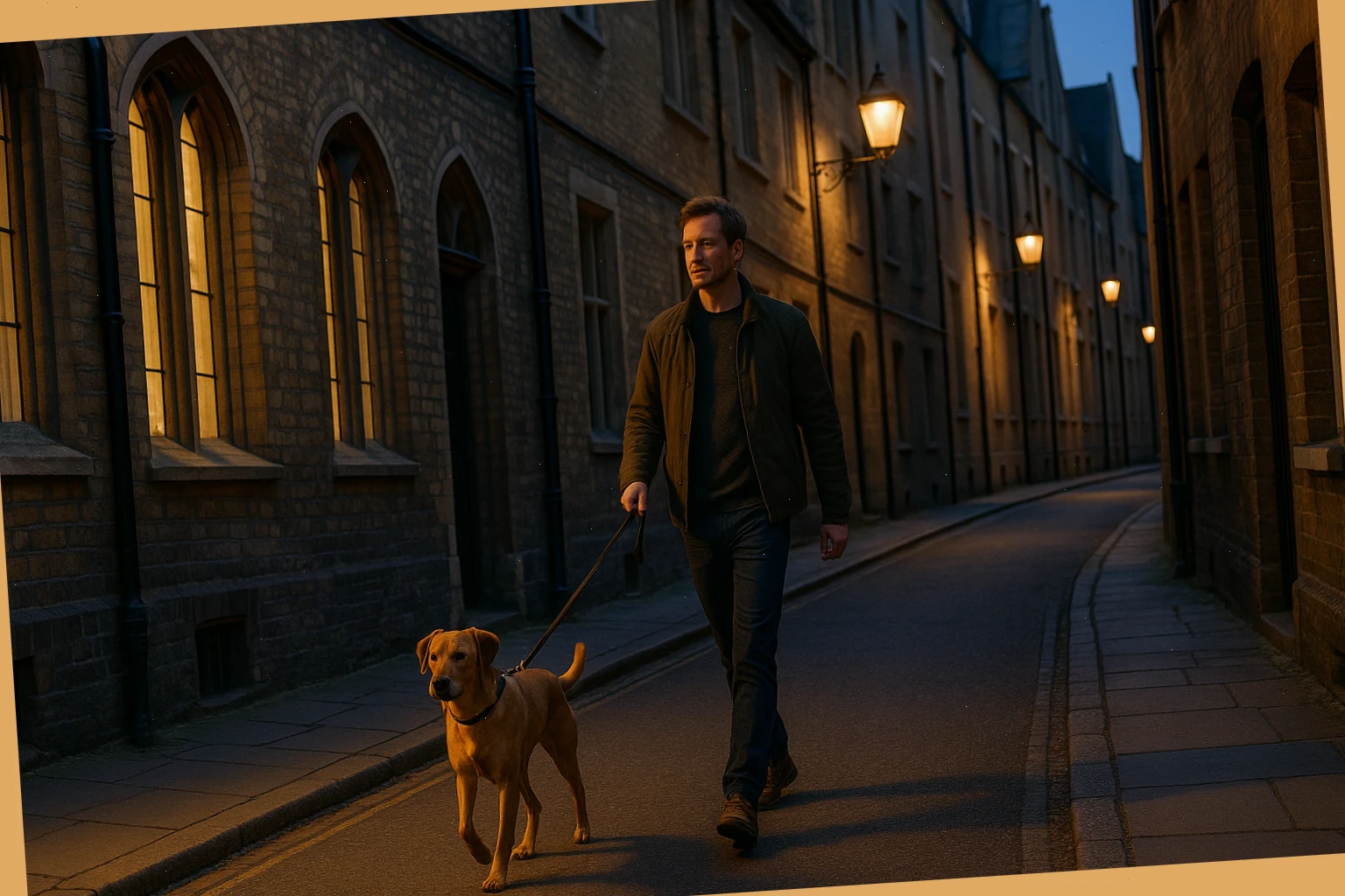 Evening dog walk along a quiet Cambridge street