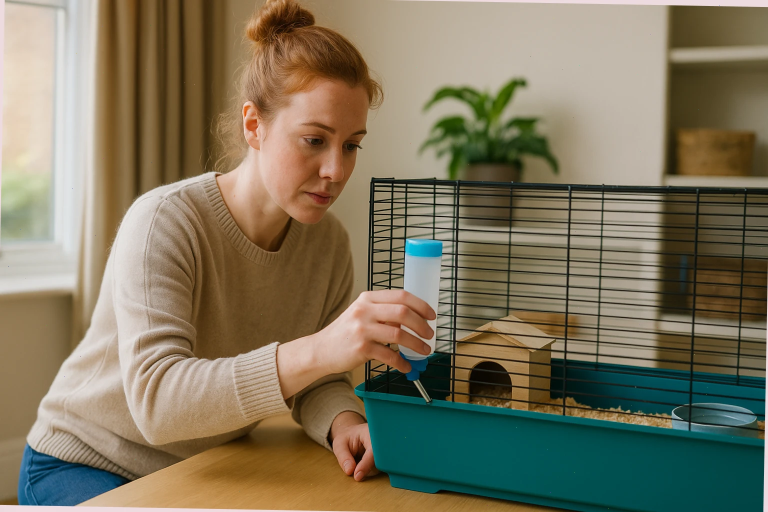 Small pet enclosure checked with a clean water bottle